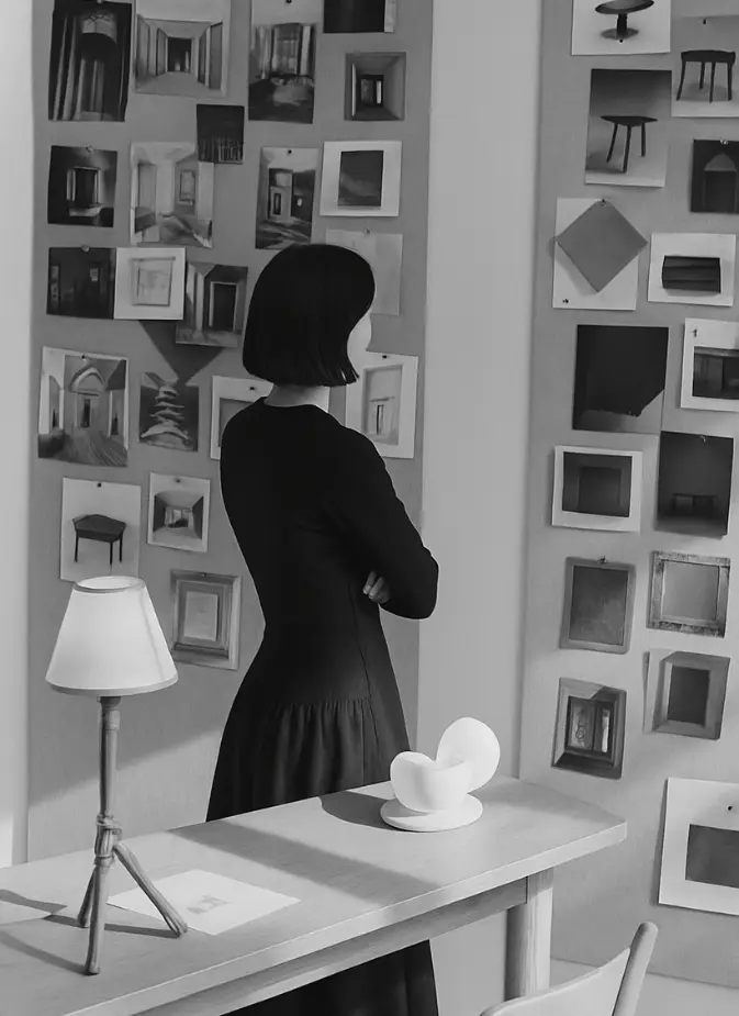Black and white photo of a woman viewing various interior design and architectural sketches on a gallery wall.