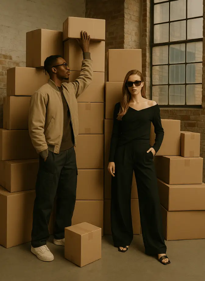 Two stylish people standing among stacks of cardboard boxes in a warehouse, suggesting moving or logistics.
