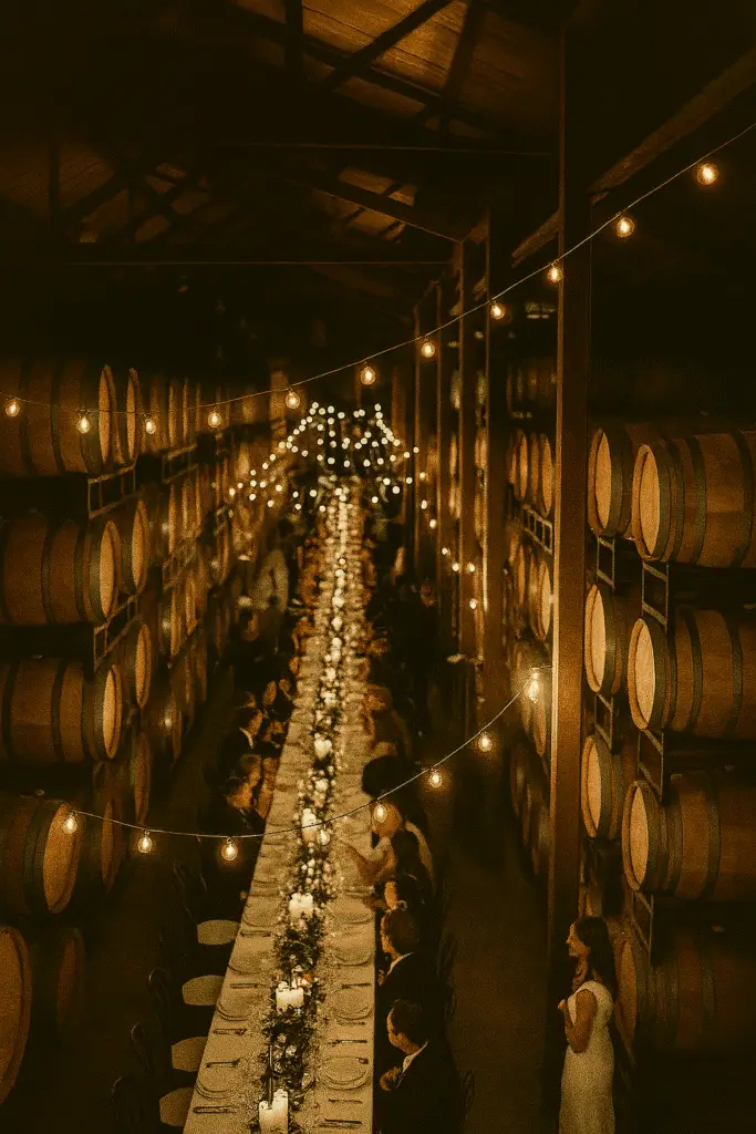 A grand dinner event with a long candlelit table set in a wine cellar, surrounded by stacked oak barrels and string lights.