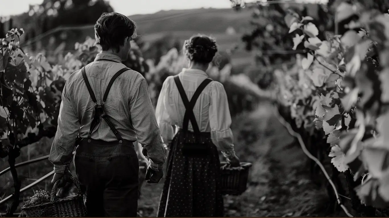 Black and white image of a couple in vintage clothing walking through a vineyard with baskets during a traditional grape harvest.